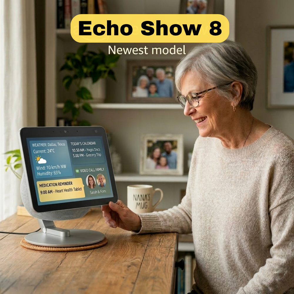 An Echo Show 8 on a kitchen counter showing a clear medication reminder and a "Call Family" button