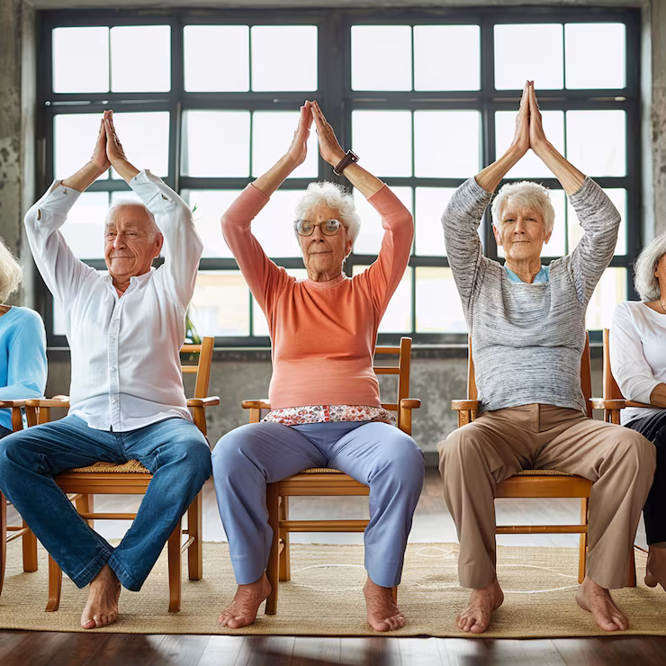 senior citizens doing chair yoga illustrations 1004054 32677
